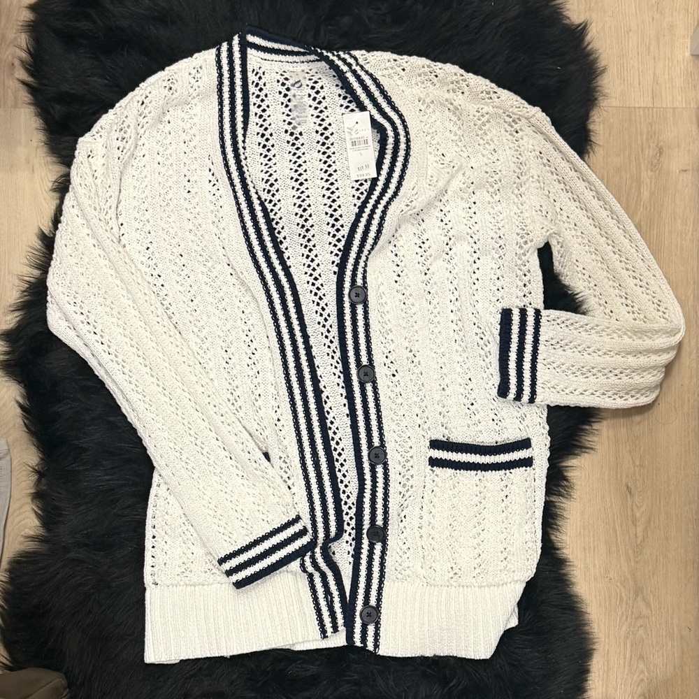 Lou & Grey White Knit Cardigan with Black Stripes